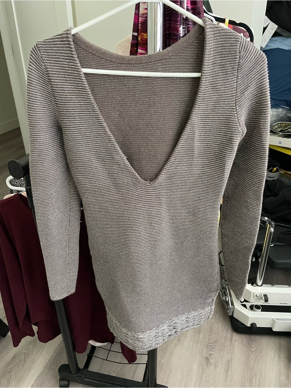 Moda International Ribbed Deep V-Neck Sweater in Taupe